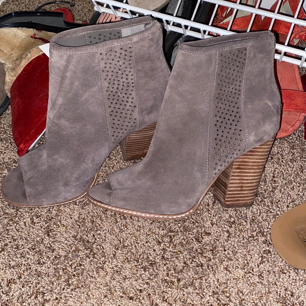 Gray heeled booties